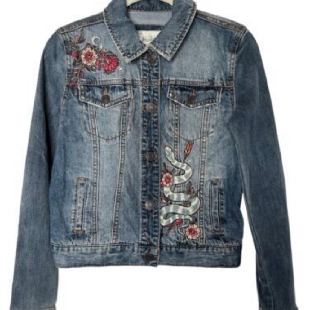 Mudd Blue Jean Jacket with Embroidered Floral and Snake Design